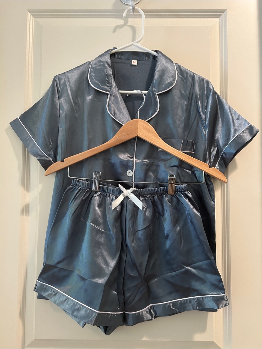 Unbranded Satiny like Short PJ Set in Shiny Steel Blue w/ White Piping size M